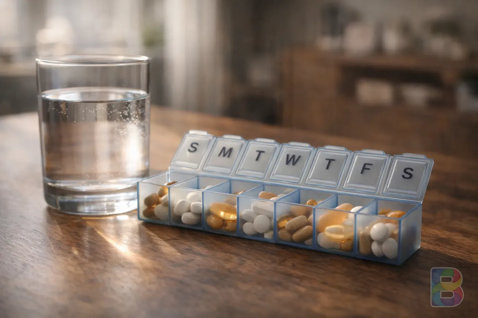 photorealistic, close-up of a glass of water and a pill organizer, soft focus background, cinematic indoor lighting, organized and healthy lifestyle feel