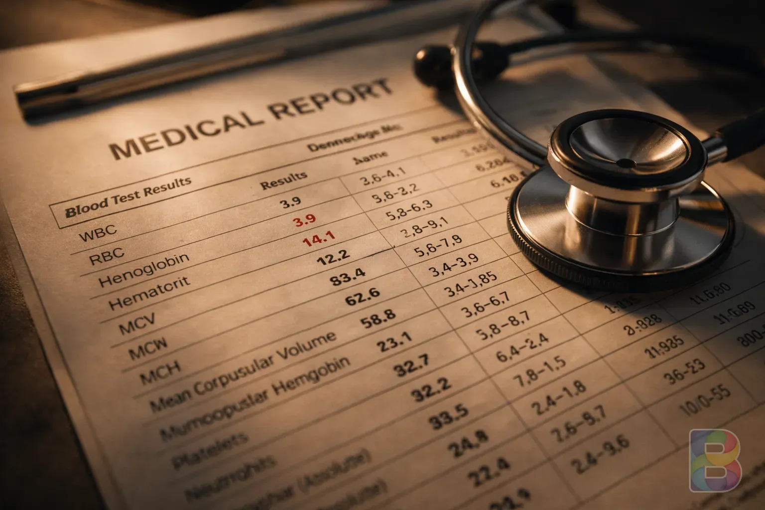 photorealistic, detail shot of a medical report showing various blood test results with a stethoscope nearby, warm moody lighting, high resolution