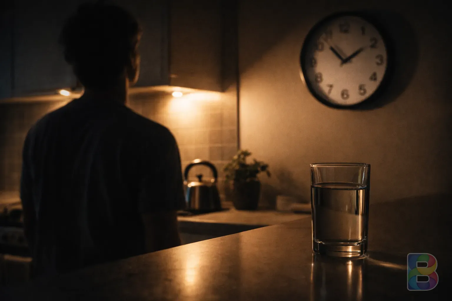 photorealistic, a person looking at a clock in the kitchen at night, glass of water on the counter, soft evening light, contemplative mood