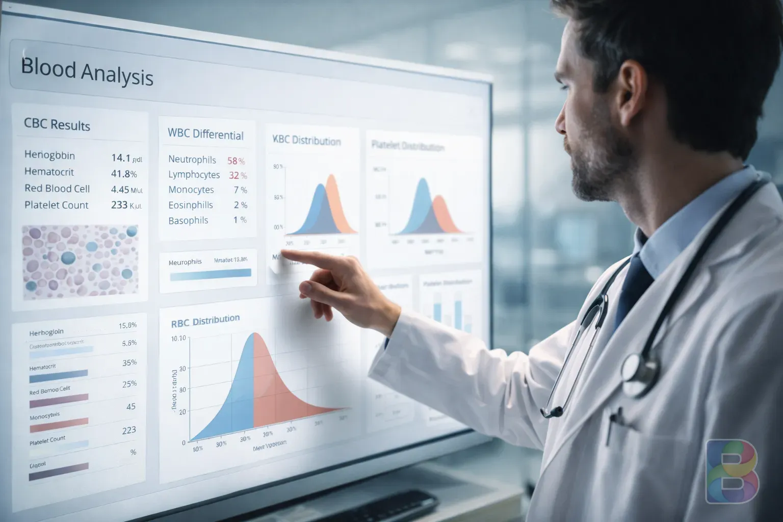 photorealistic, a modern doctor pointing at a digital screen showing blood analysis charts, reassuring clinical environment, soft bright lighting