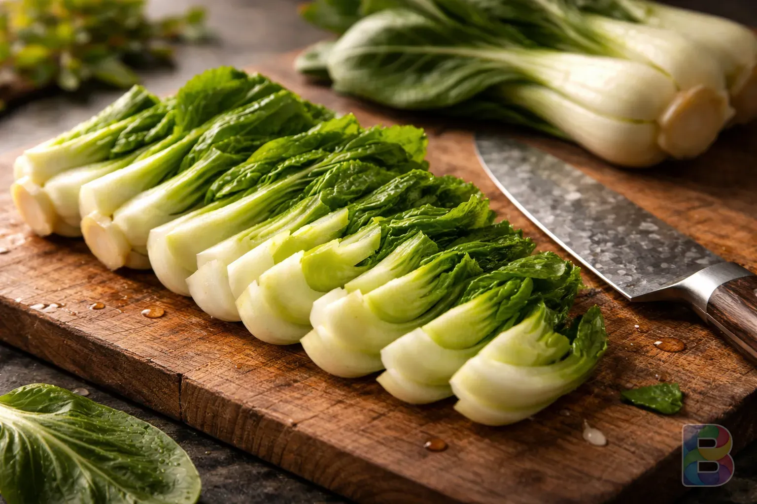 photorealistic, detail shot of sliced bok choy on a wooden cutting board with a knife nearby, soft natural light, kitchen atmosphere, high detail