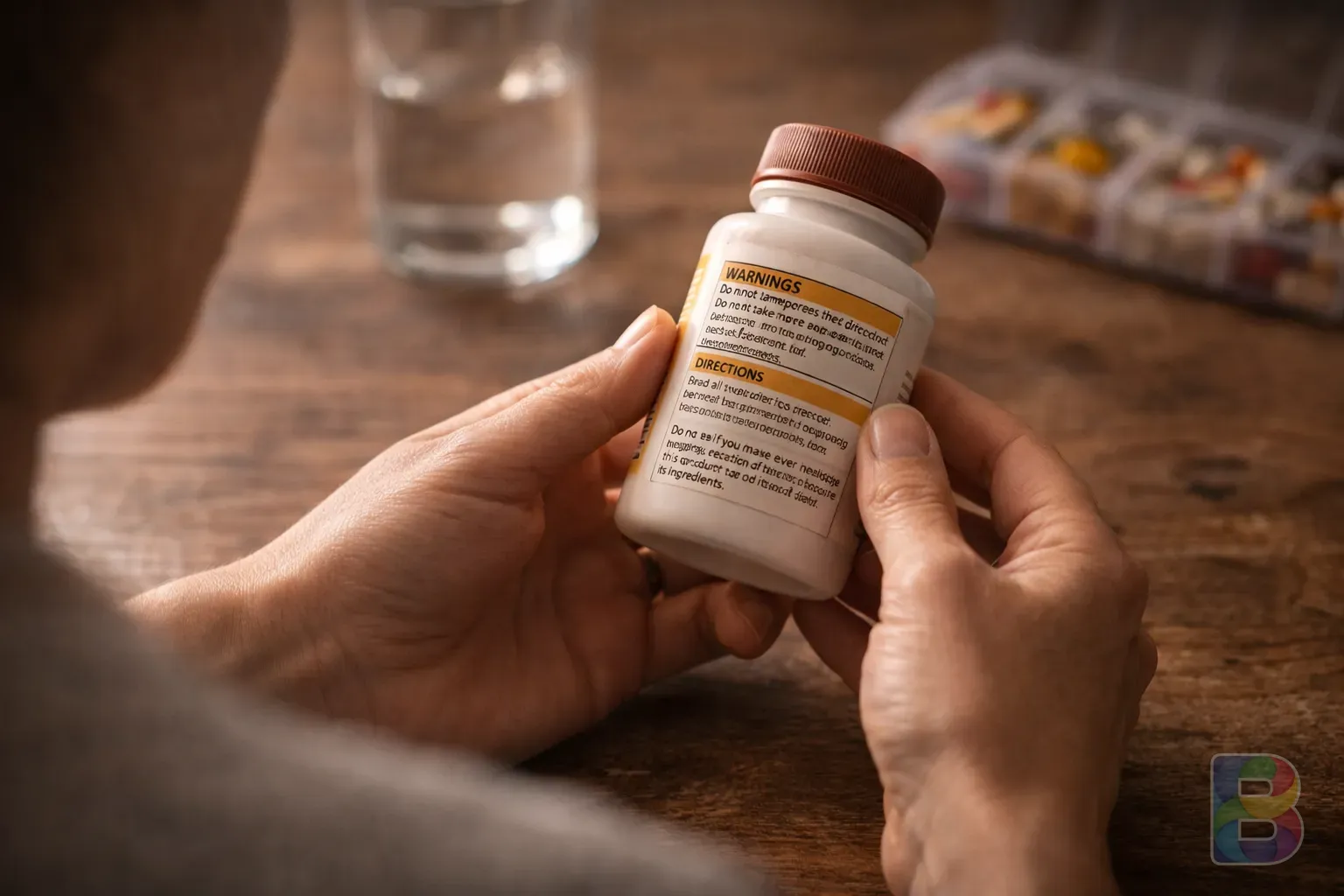 photorealistic, close-up of a person reading a medicine label with focus on their hands, soft domestic lighting, cautious atmosphere