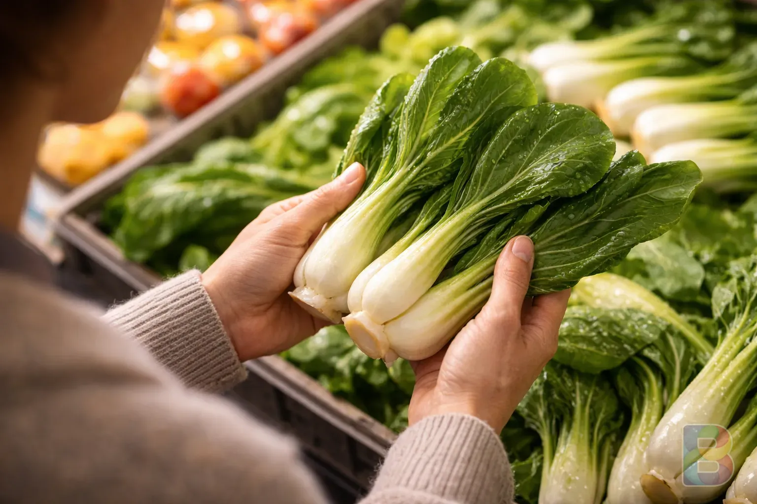 photorealistic, a person at a grocery store carefully inspecting a bunch of bok choy, clear focus on the vegetables, bright market lighting