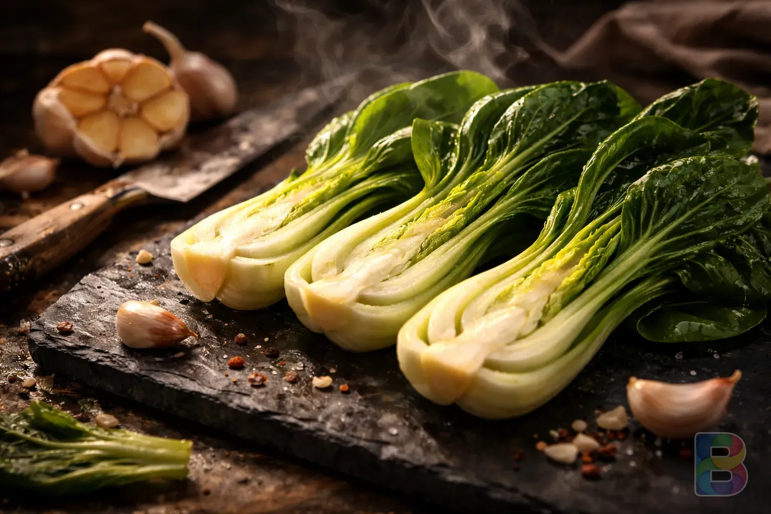 photorealistic, artistic composition of sliced bok choy and garlic on a dark slate, steam rising softly, high detail, warm cinematic lighting