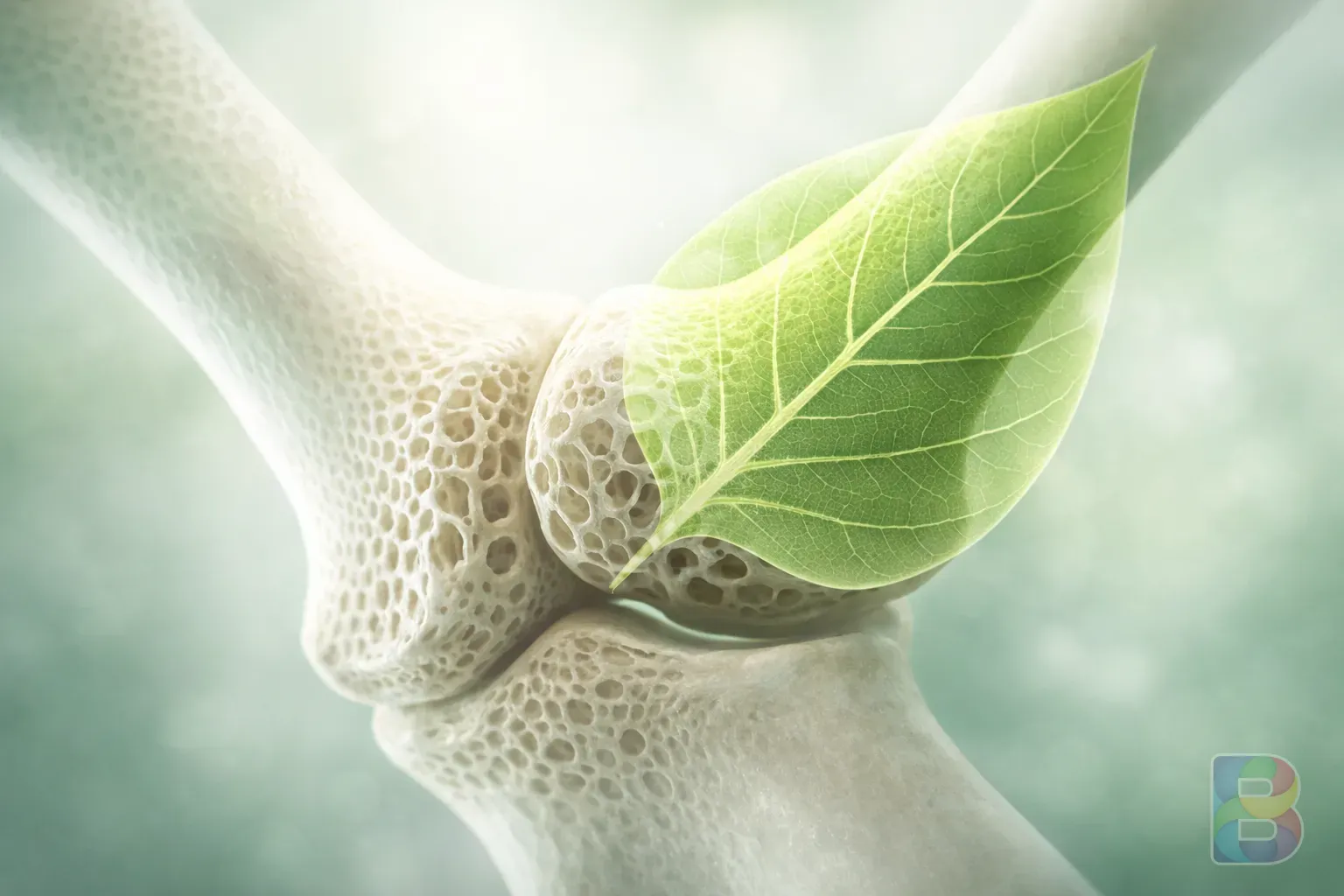 photorealistic, detail shot of a healthy bone structure and a green leaf overlay, clean medical illustration style, soft green and white tones