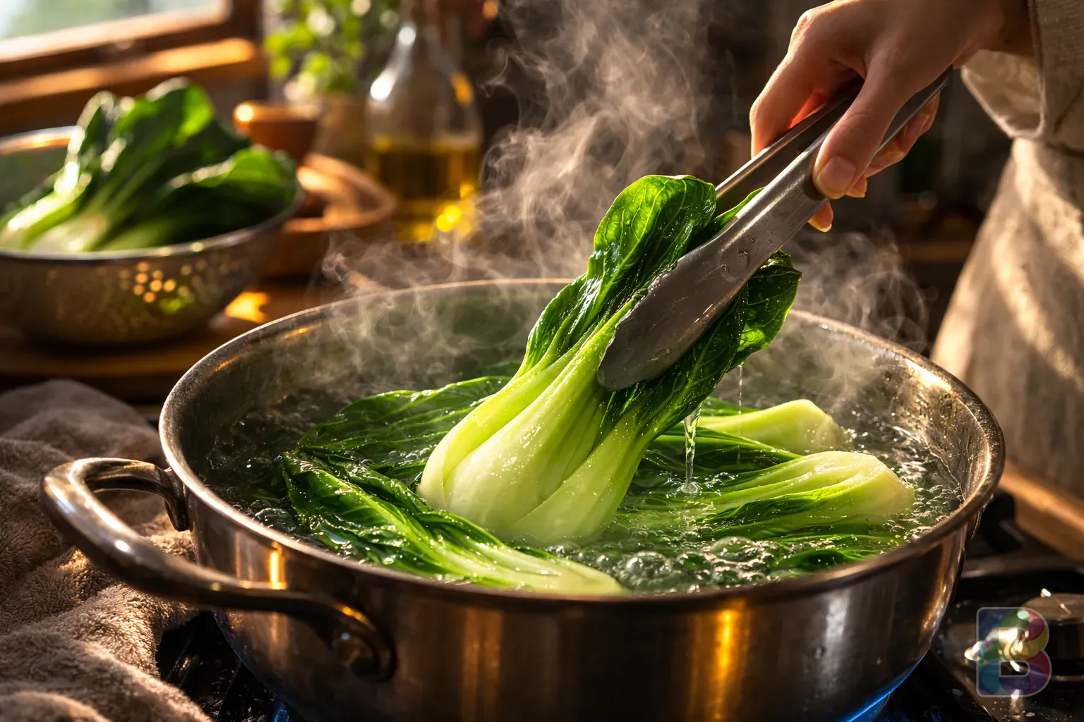 photorealistic, a person gently blanching bok choy in a pot of simmering water, focus on the vibrant green color, soft steam, kitchen background