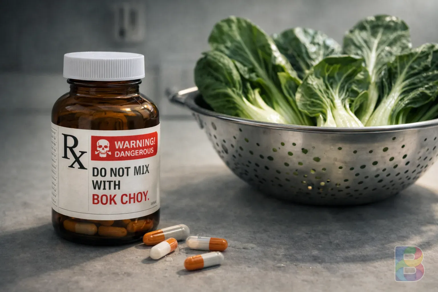 photorealistic, close-up of a medicine bottle and a bowl of raw bok choy, clinical lighting, neutral tones, warning atmosphere