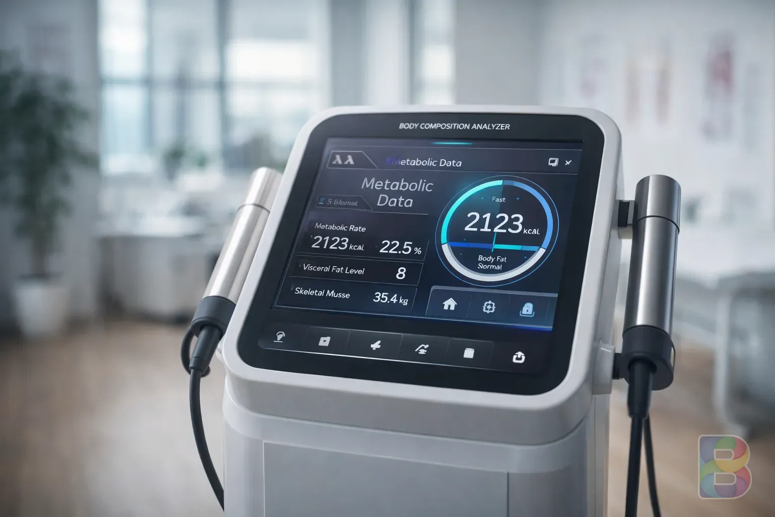 photorealistic, high-tech body composition analyzer in a modern bright clinic, focus on the digital screen showing metabolic data, cinematic lighting