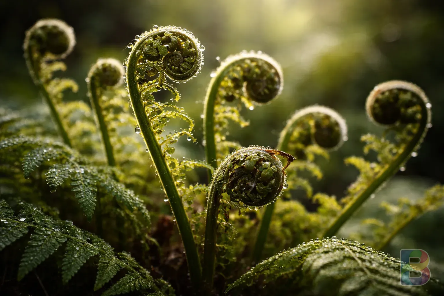 photorealistic, macro shot of fresh wild bracken fern unfurling in a forest, soft morning dew, green and earthy tones, cinematic lighting, shallow depth of field