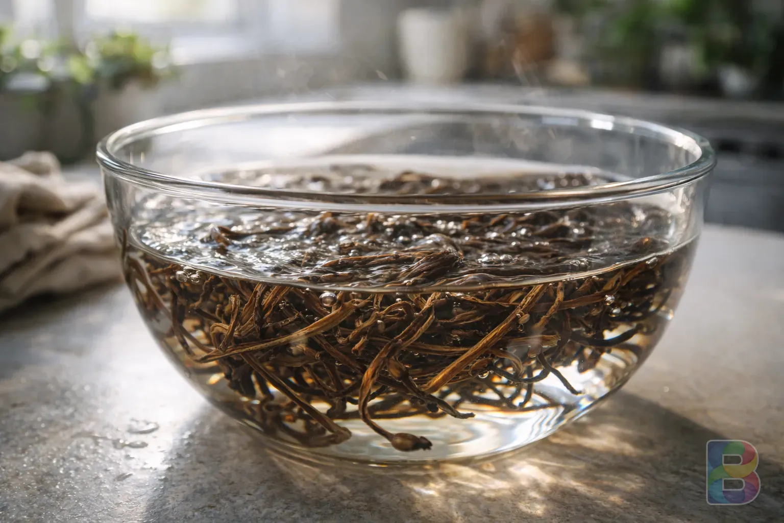 photorealistic, detail shot of dried bracken being soaked in a clear glass bowl of water, water rippling, natural light, clean kitchen setting