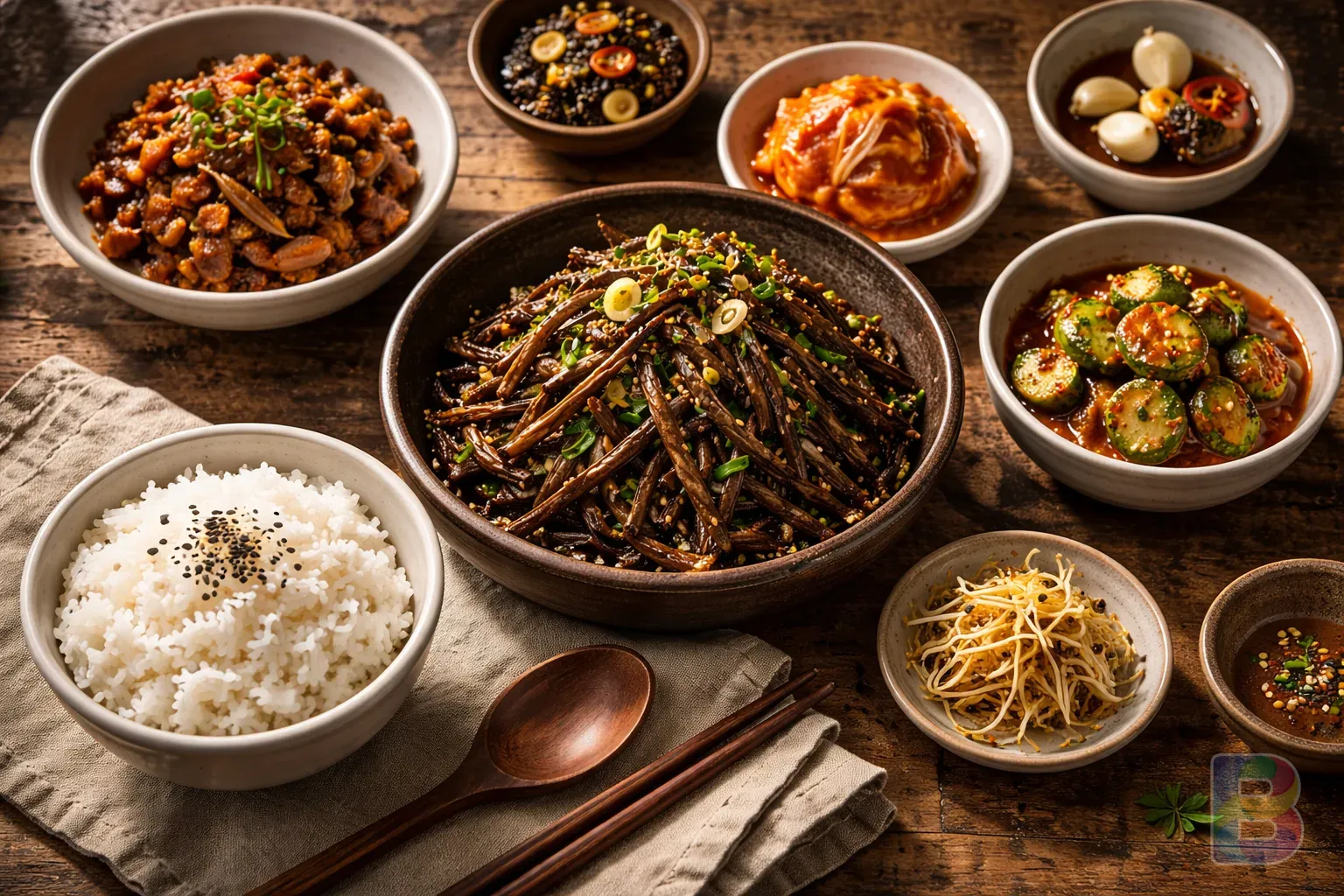 photorealistic, top-down view of a balanced Korean meal, bracken fern namul next to a bowl of rice and garlic-seasoned dishes, soft natural light, cinematic food photography