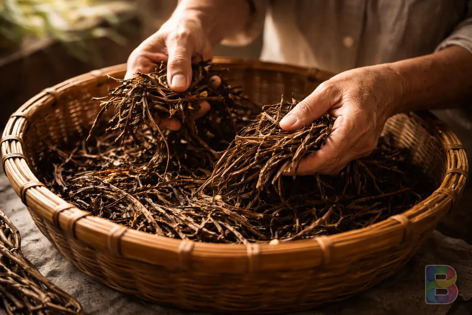 photorealistic, close-up of a person's hands sorting through dried bracken fern in a wooden basket, traditional atmosphere, soft morning light
