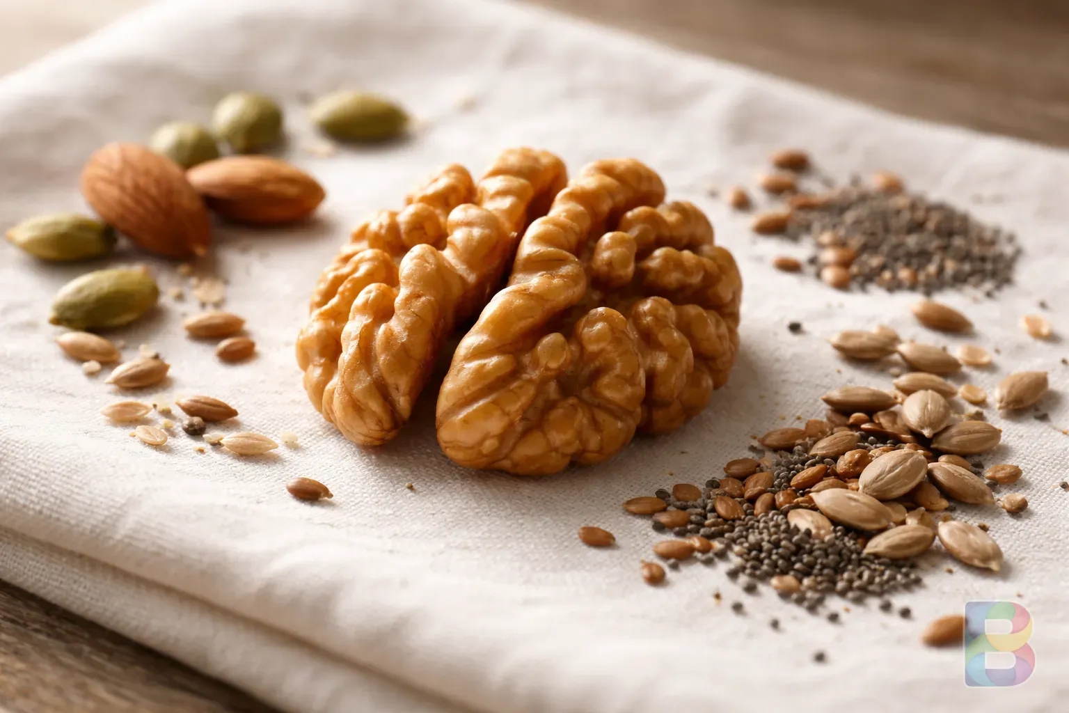 photorealistic, macro shot of a brain-shaped walnut and various seeds on a clean white linen fabric, soft natural lighting, minimalist composition, 8k resolution