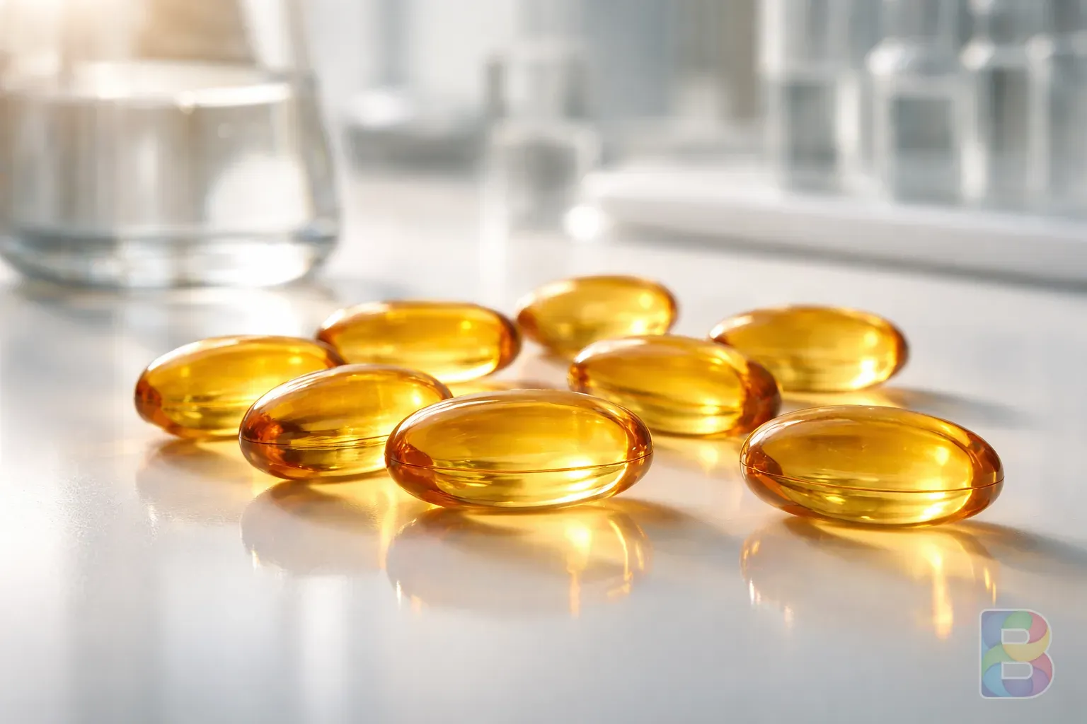 photorealistic, high detail close-up of amber-colored Omega-3 capsules glowing under soft light, clean laboratory background, professional medical photography