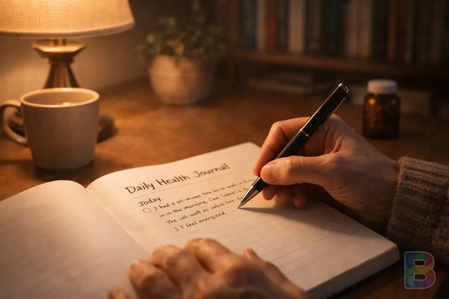 photorealistic, a person writing a daily health journal in a cozy study, soft desk lamp light, peaceful atmosphere, high detail