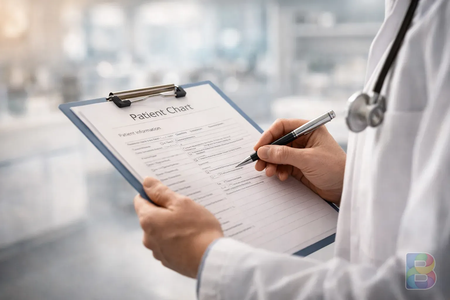 photorealistic, close-up of a medical professional checking a patient's chart in a clean clinic environment, soft bokeh background, trustworthy mood