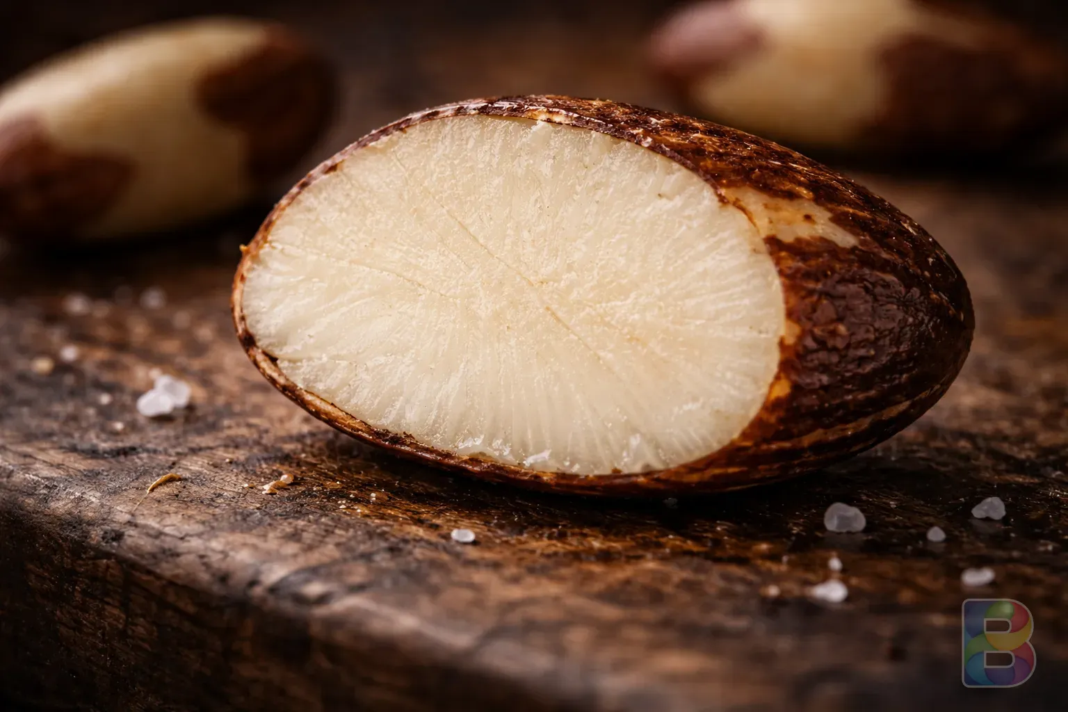 photorealistic, artistic macro shot of a single Brazil nut cut in half, showcasing its dense interior, soft natural lighting, high detail
