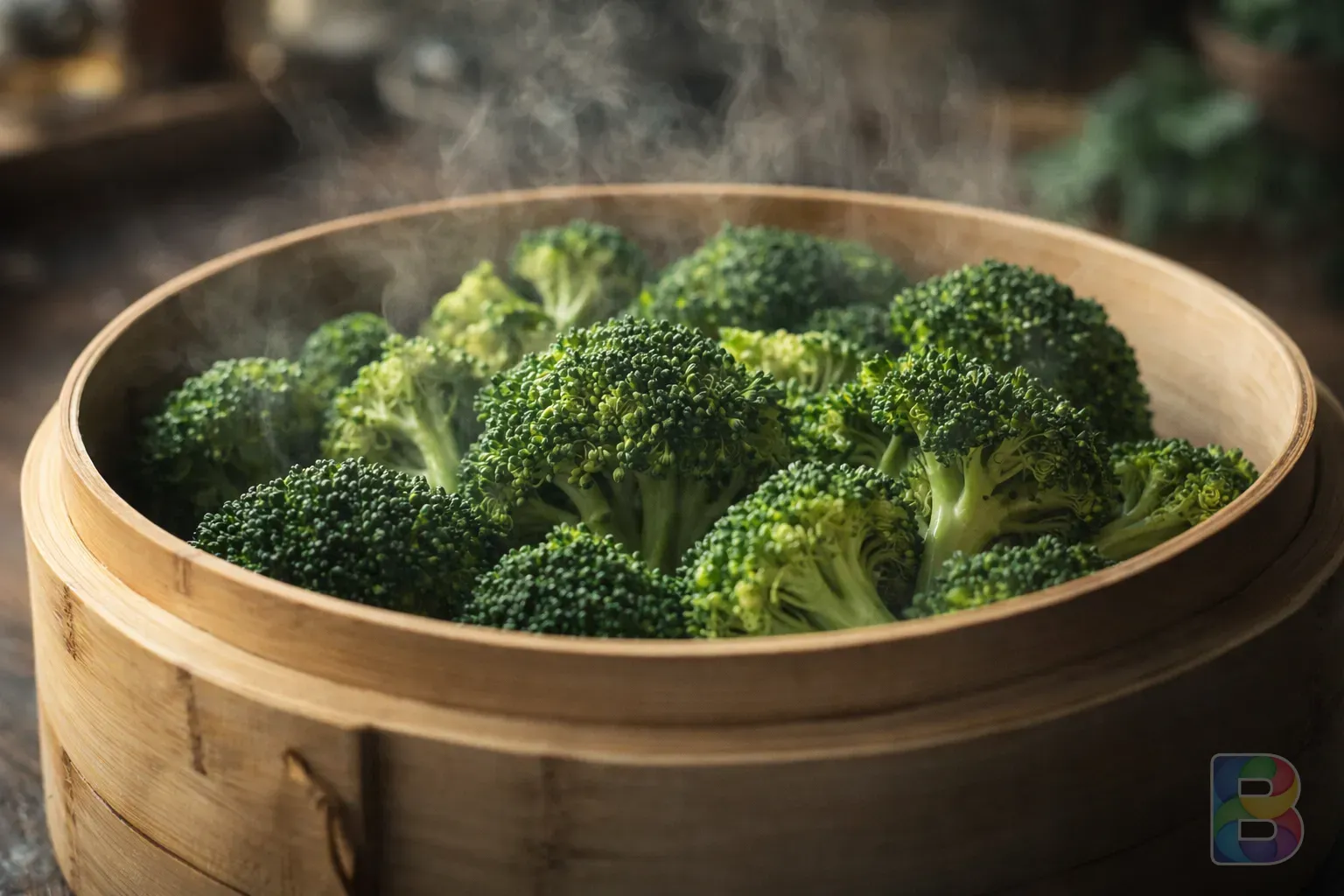 photorealistic, close-up of broccoli being steamed in a bamboo steamer, soft steam rising, natural kitchen lighting, cinematic and fresh atmosphere