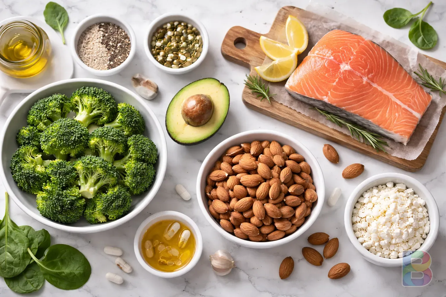 photorealistic, flat lay of healthy foods including broccoli, almonds, and salmon, bright and clean medical-nutrition style, cinematic lighting