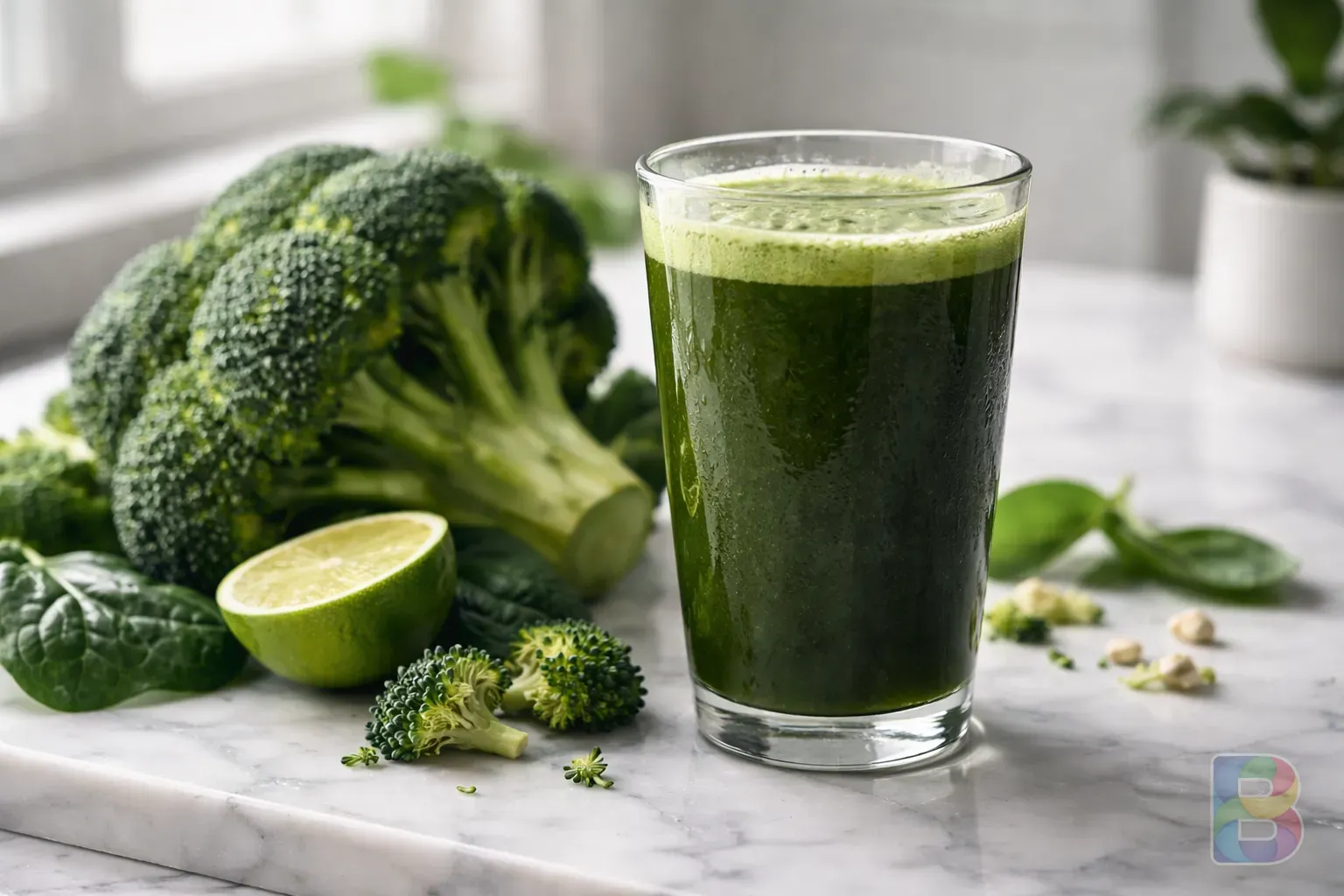 photorealistic, a glass of dark green vegetable juice next to fresh broccoli on a marble counter, clean minimalist aesthetic, cinematic lighting