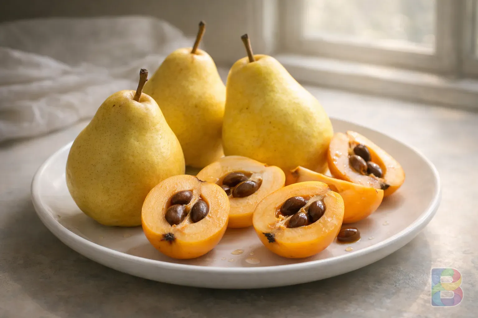 photorealistic, fresh yellow pears and sliced loquats on a white ceramic plate, soft natural light, clean and healthy food photography