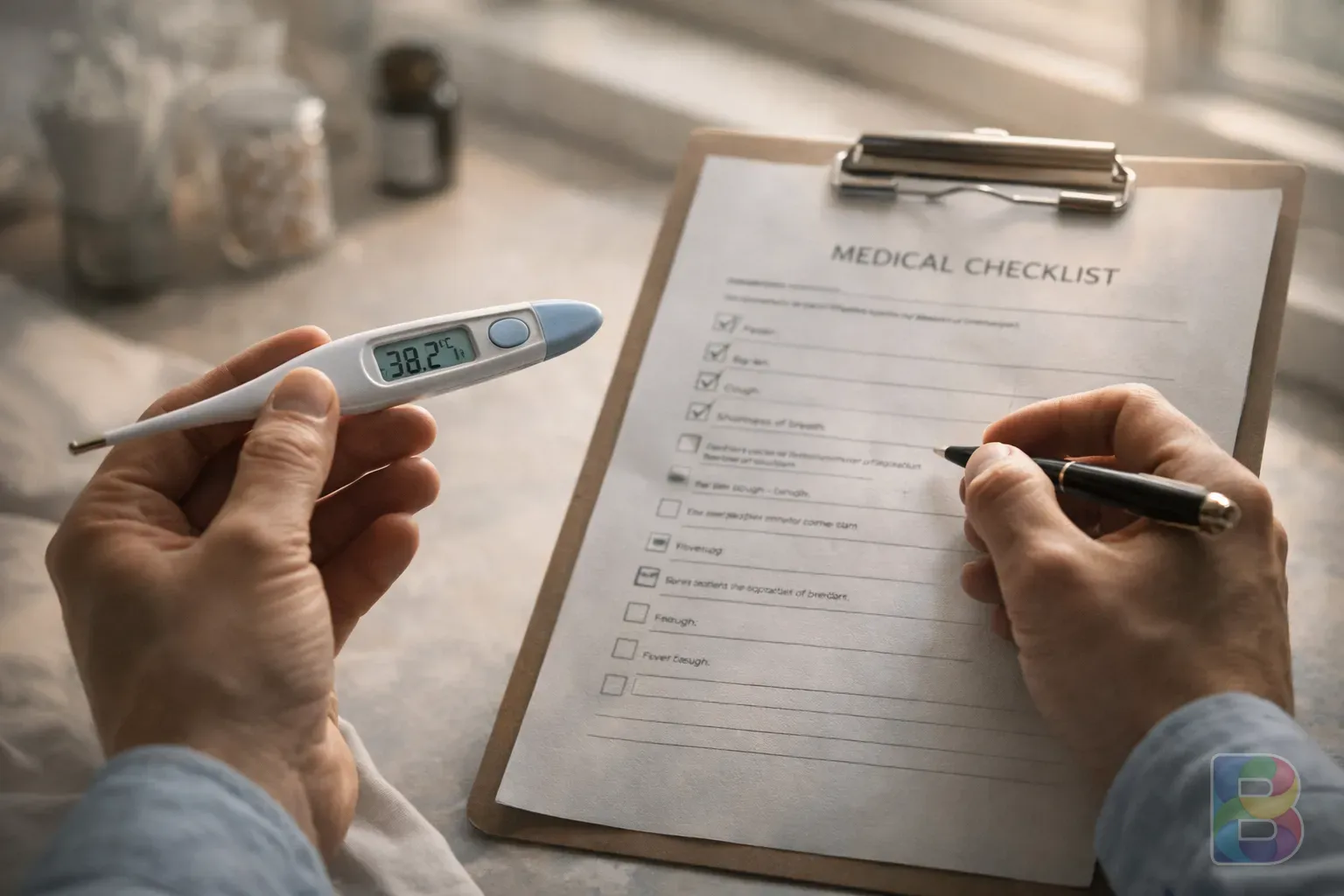 photorealistic, close-up of a person checking a thermometer and a medical checklist, clinical but warm environment, cinematic lighting