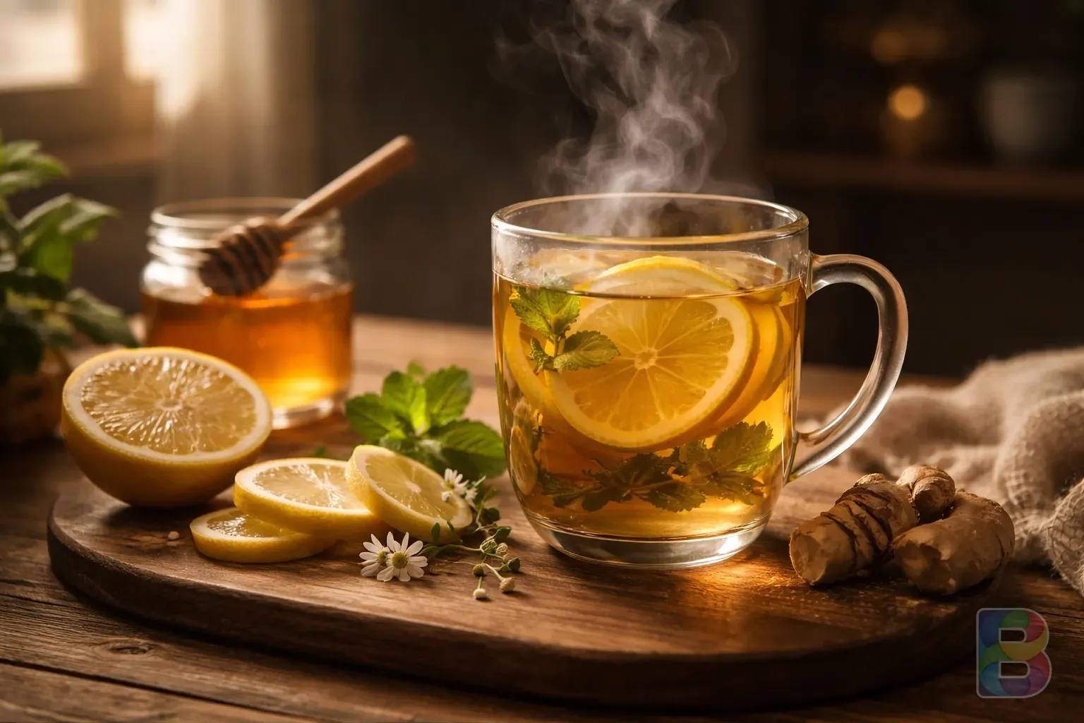photorealistic, a steaming mug of herbal tea with honey and lemon slices on a wooden table, soft window light, cozy atmosphere, cinematic lighting