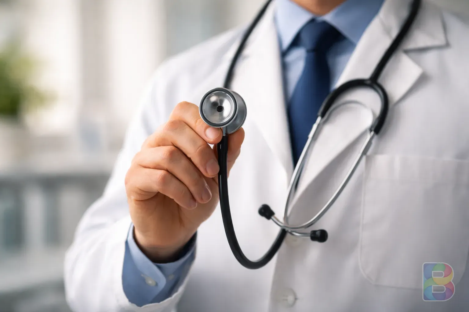 photorealistic, close-up of a doctor's hand holding a stethoscope, clean clinic background, professional and reassuring mood, cinematic lighting