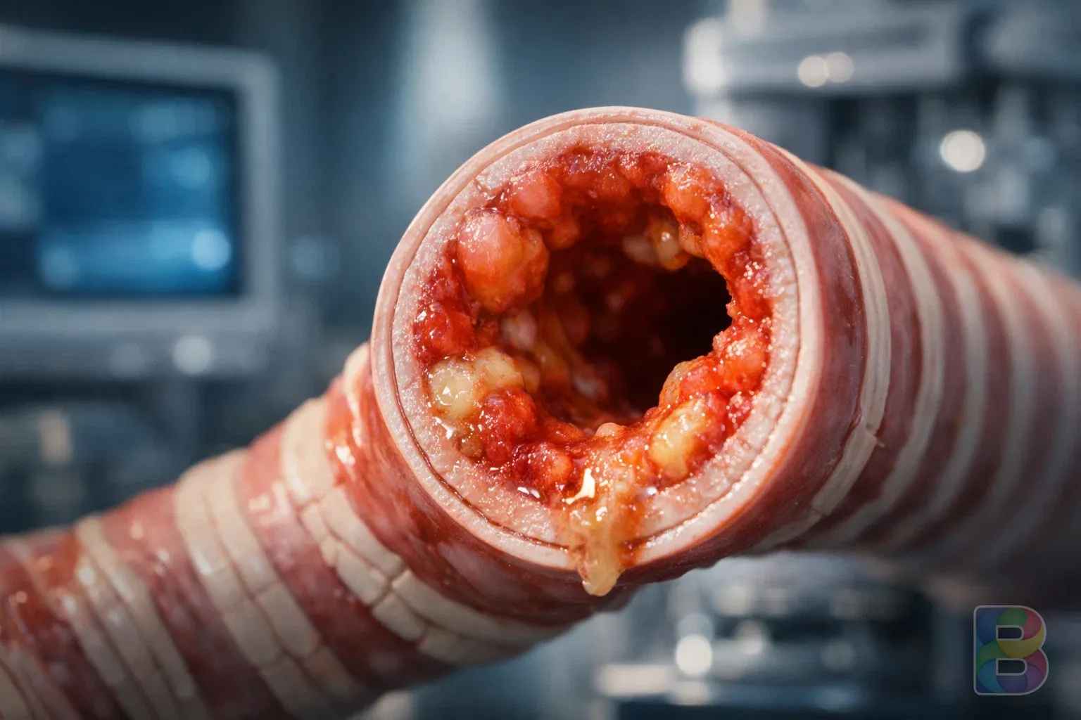 photorealistic, close-up of an inflamed bronchial tube model in a medical setting, soft clinical lighting, high-tech background, macro photography