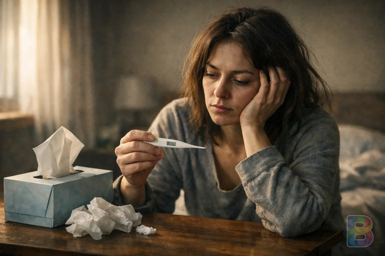 photorealistic, a person looking at a thermometer and a box of tissues, exhausted expression, morning light, cinematic mood, high detail