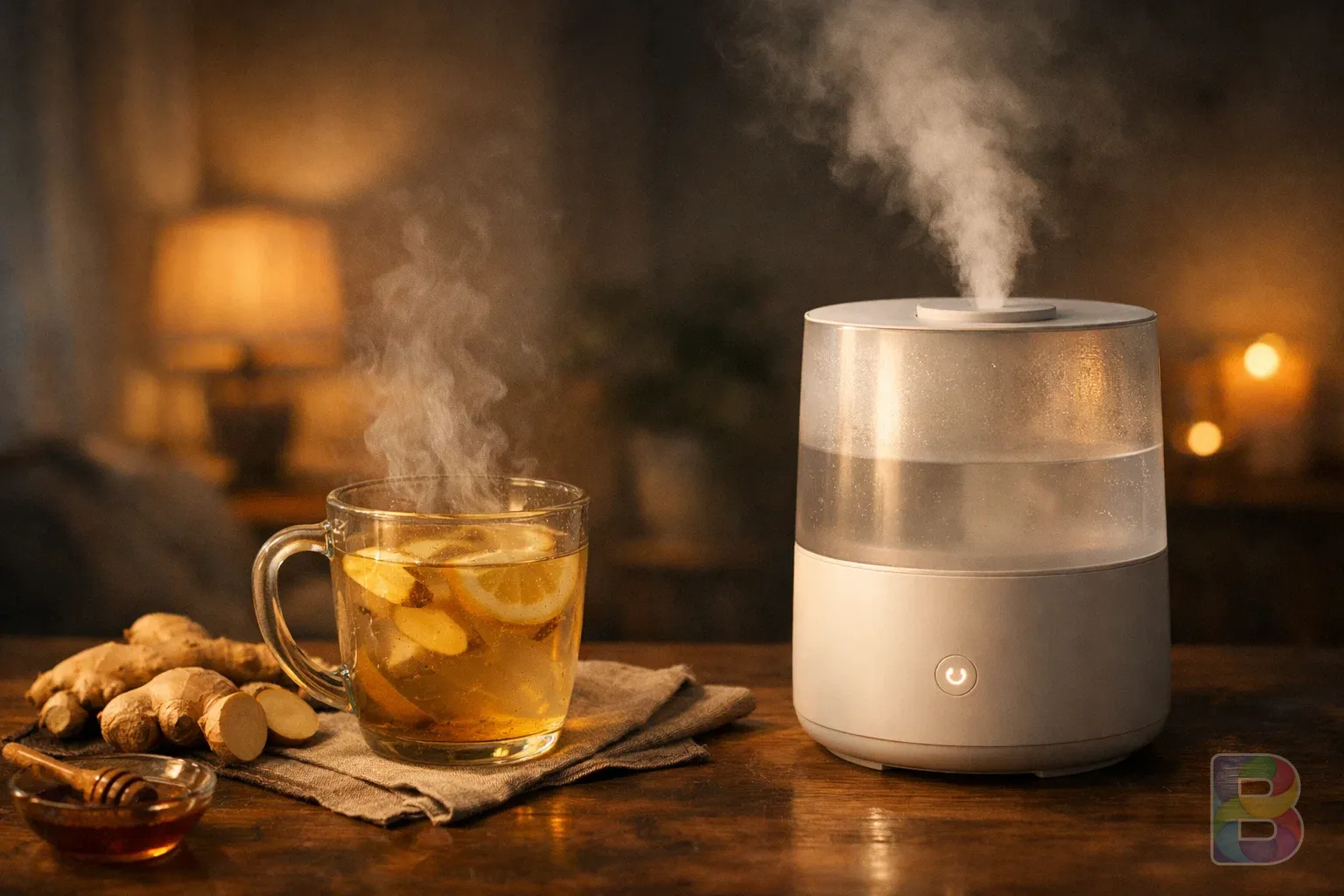 photorealistic, a steaming mug of ginger tea next to a modern humidifier, soft evening lighting, cozy and healing atmosphere