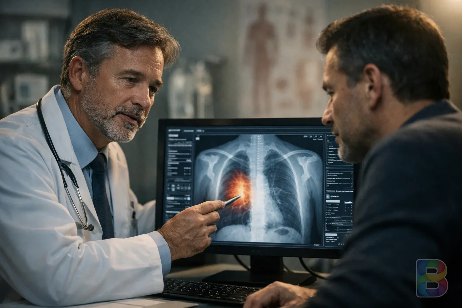 photorealistic, close-up of a doctor explaining a digital lung scan to an adult patient, professional clinic setting, reassuring and detailed