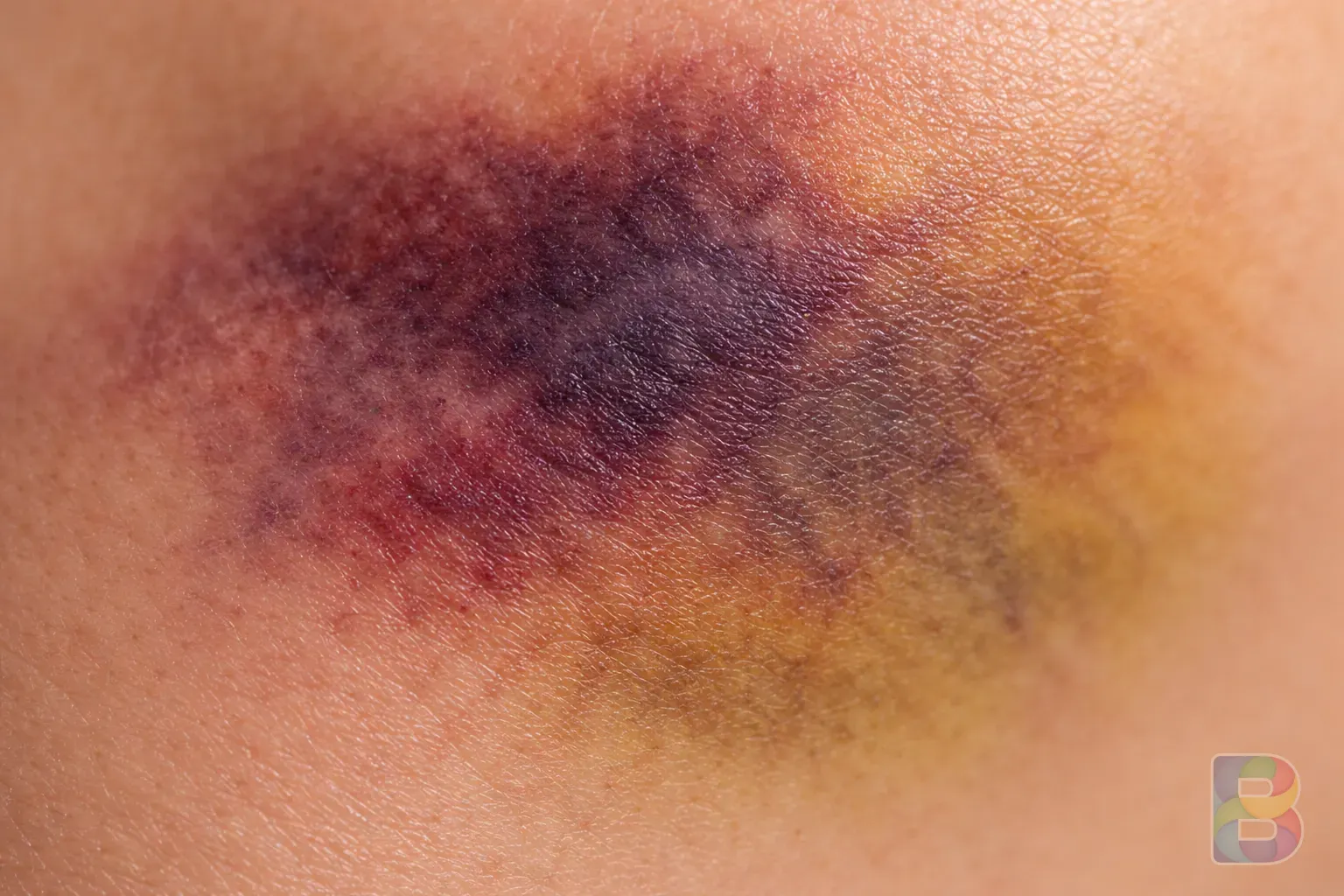 photorealistic, macro shot of human skin showing the transition of bruise colors from purple to yellow, clinical and artistic lighting, high resolution