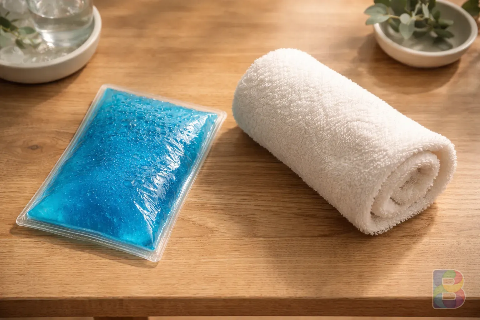 photorealistic, top-down view of a cooling gel pack and a warm towel placed on a clean wooden table, soft natural light, minimalist aesthetic
