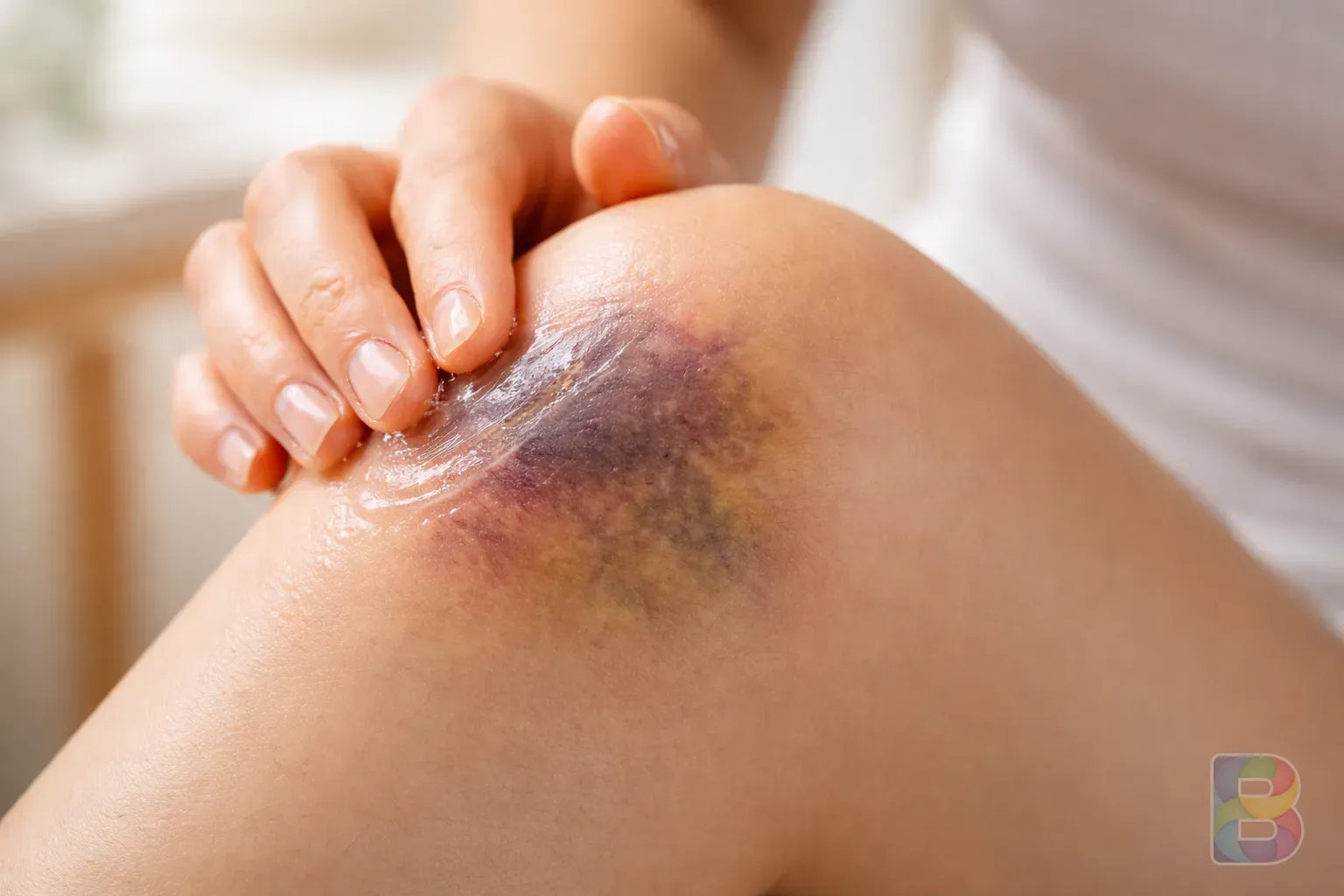 photorealistic, close-up of a hand applying a transparent gel ointment to a bruised knee, clean and bright environment, cinematic lighting