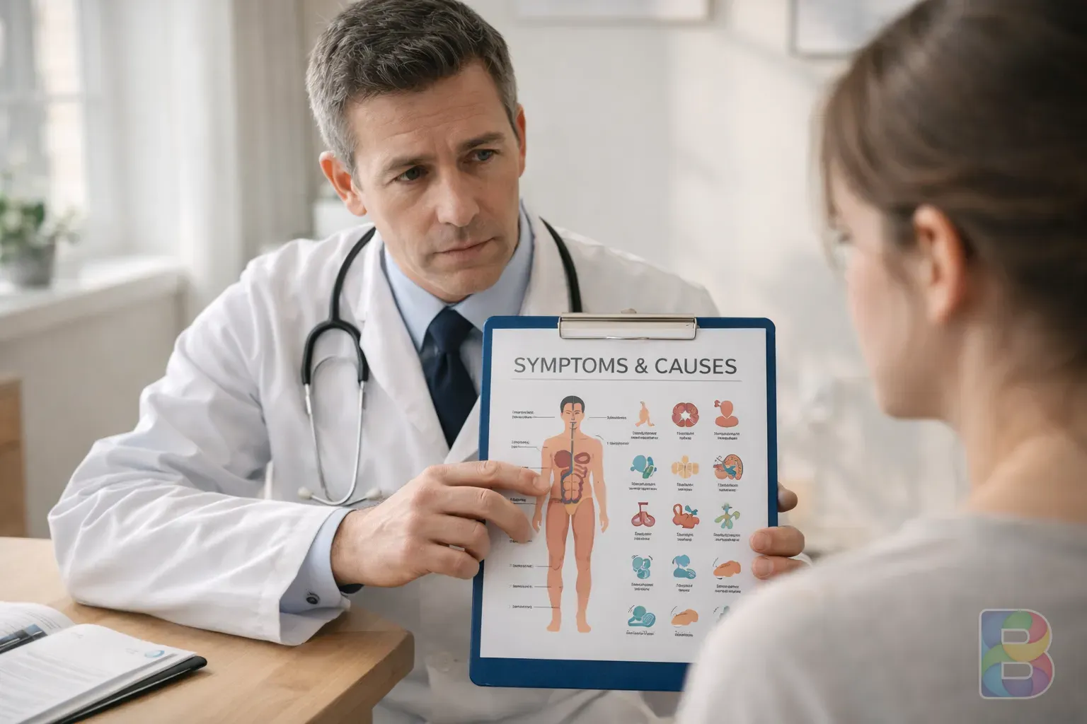 photorealistic, professional doctor showing a chart of medical symptoms to a patient in a bright consultation room, reassuring and serious atmosphere