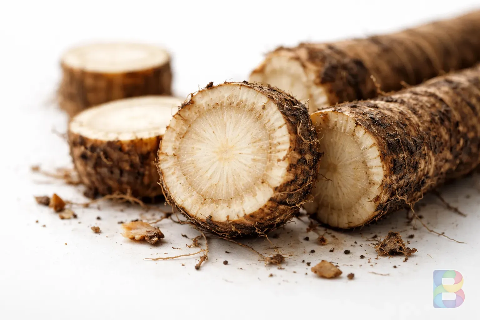 photorealistic, macro shot of sliced burdock root showing the internal fibers, artistic lighting, clean white background, focus on texture