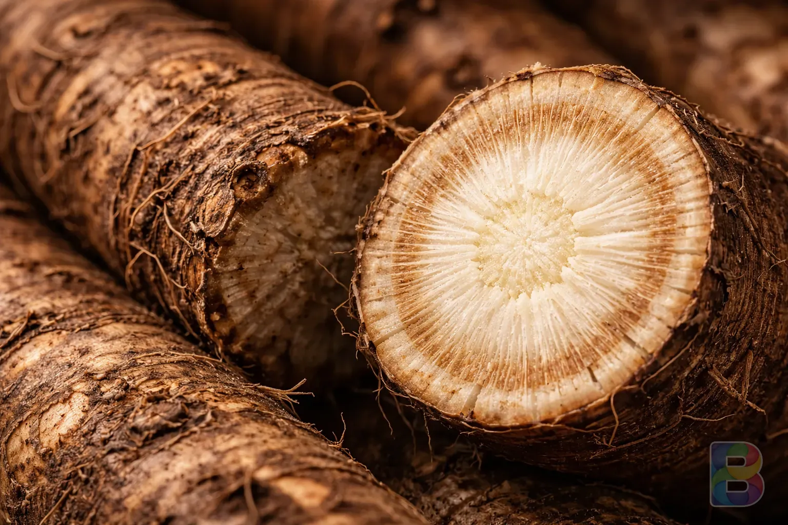 photorealistic, macro shot of burdock root texture, showing the rough skin and fibrous interior, clean studio lighting, high contrast
