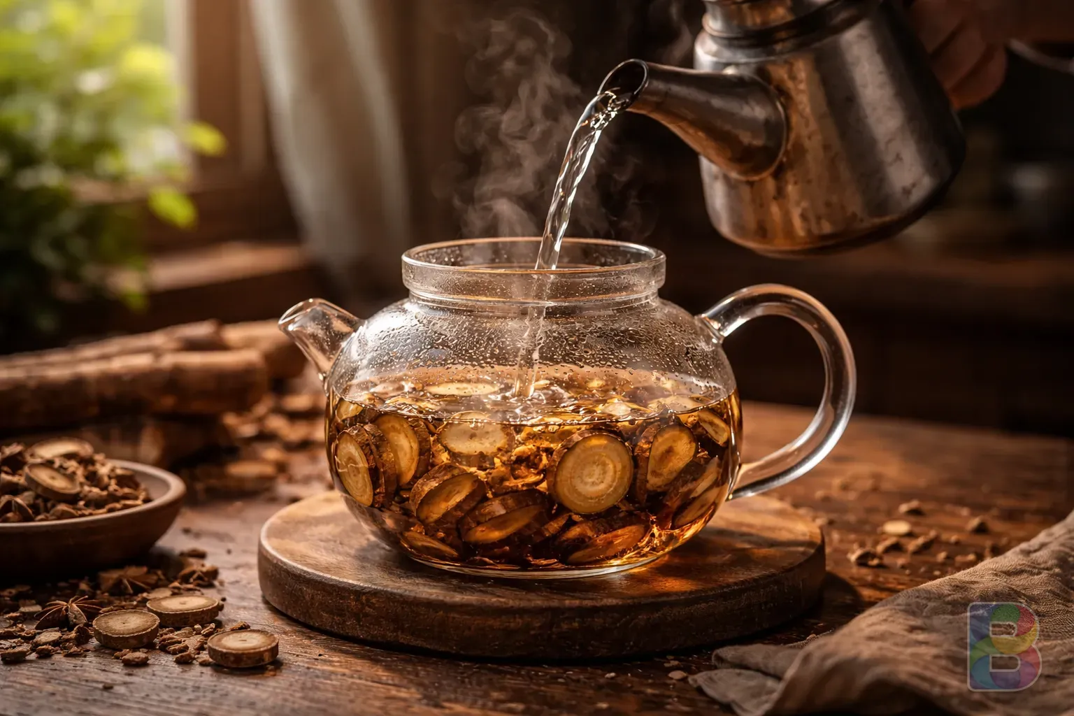 photorealistic, person hand pouring hot water into a glass teapot with roasted burdock slices, natural morning light, serene and calm mood