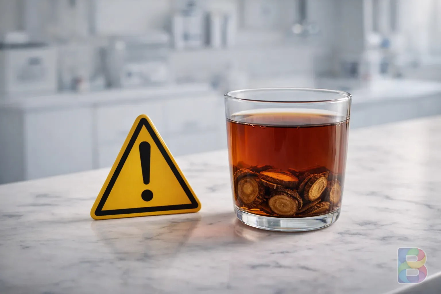photorealistic, a warning sign next to a glass of tea on a marble counter, clinical and clean background, soft lighting