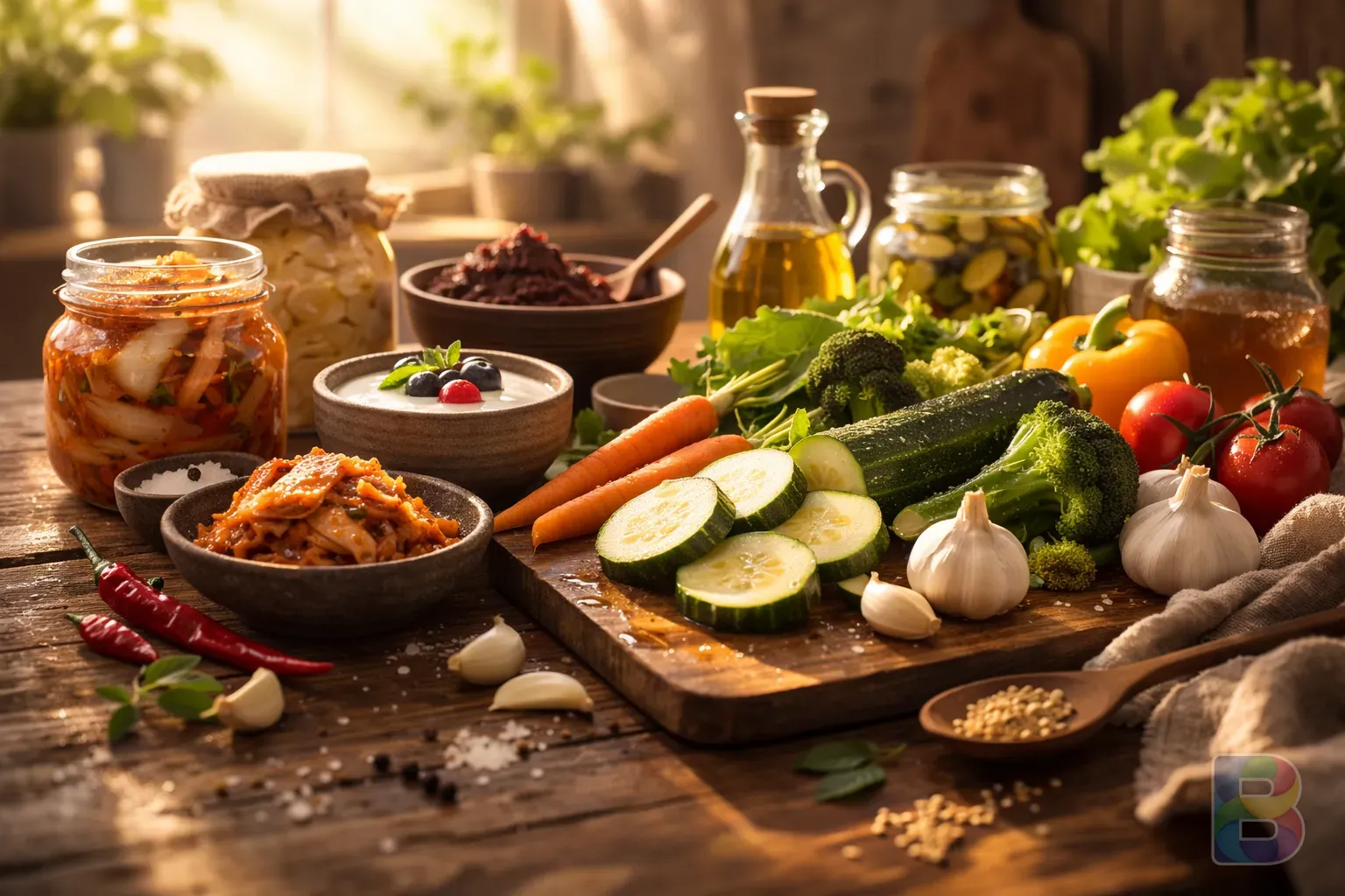 photorealistic, detail shot of fresh organic vegetables and fermented foods on a wooden table, soft morning sunlight, cinematic lighting, healthy lifestyle mood