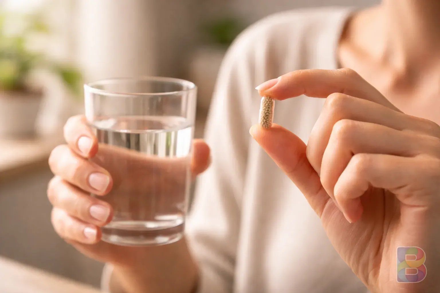 photorealistic, person hand taking a small capsule with a glass of water, soft natural lighting, minimal and clean aesthetic, cinematic depth of field