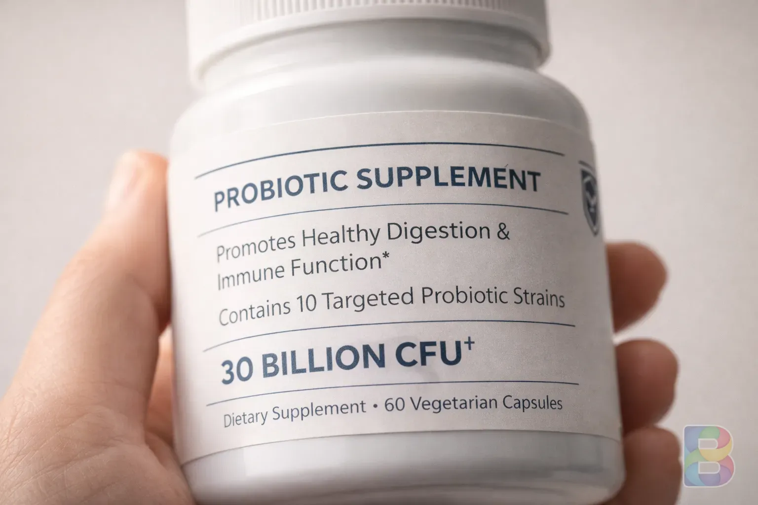 photorealistic, close-up of a supplement bottle label with clear text, clinical and trustworthy vibe, soft studio lighting