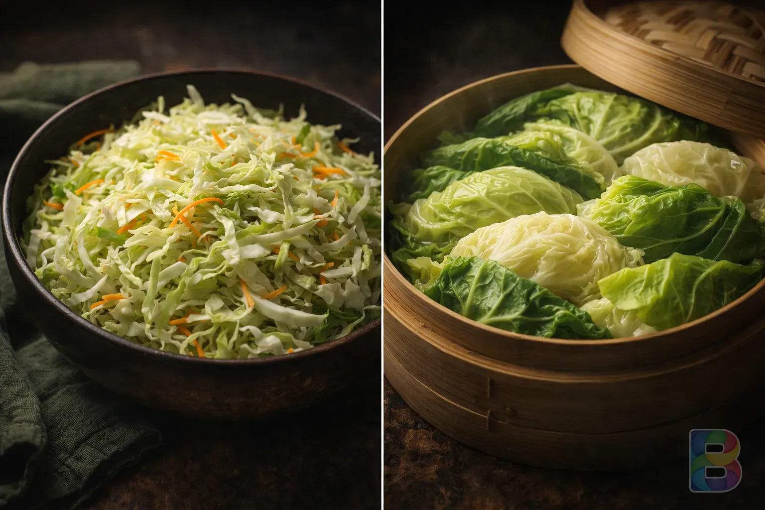 photorealistic, fresh raw cabbage salad vs steamed cabbage leaves in a bamboo steamer, side by side comparison, cinematic lighting, vibrant colors