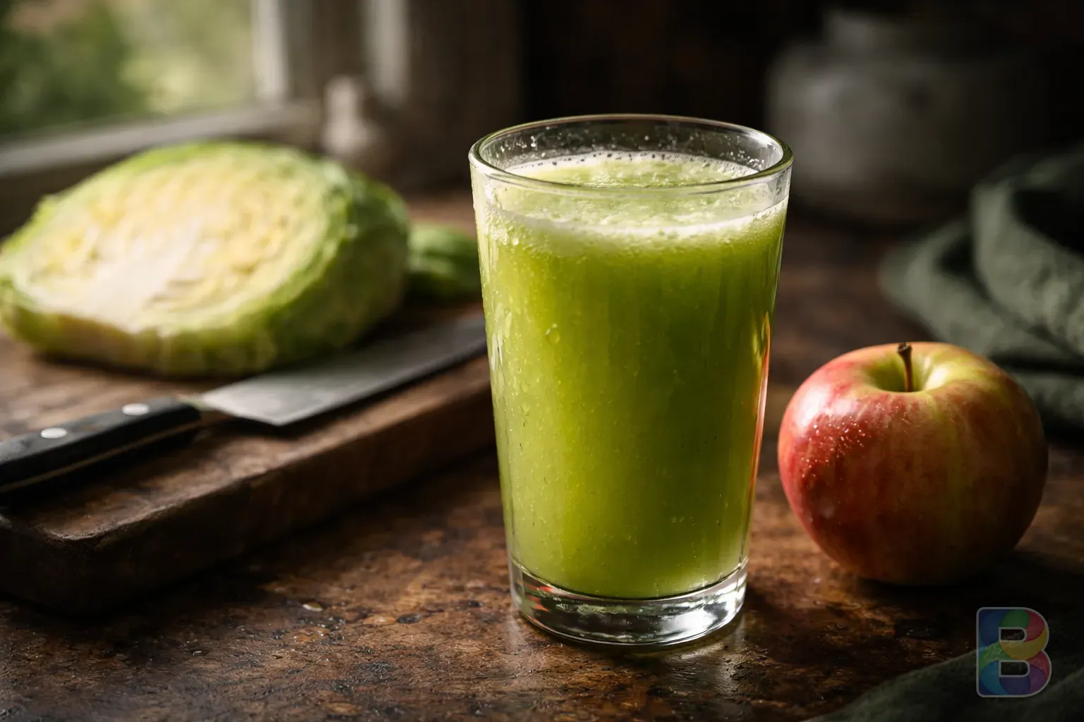 photorealistic, close-up of a glass of cabbage juice next to an apple, moody kitchen background, soft focus, morning light