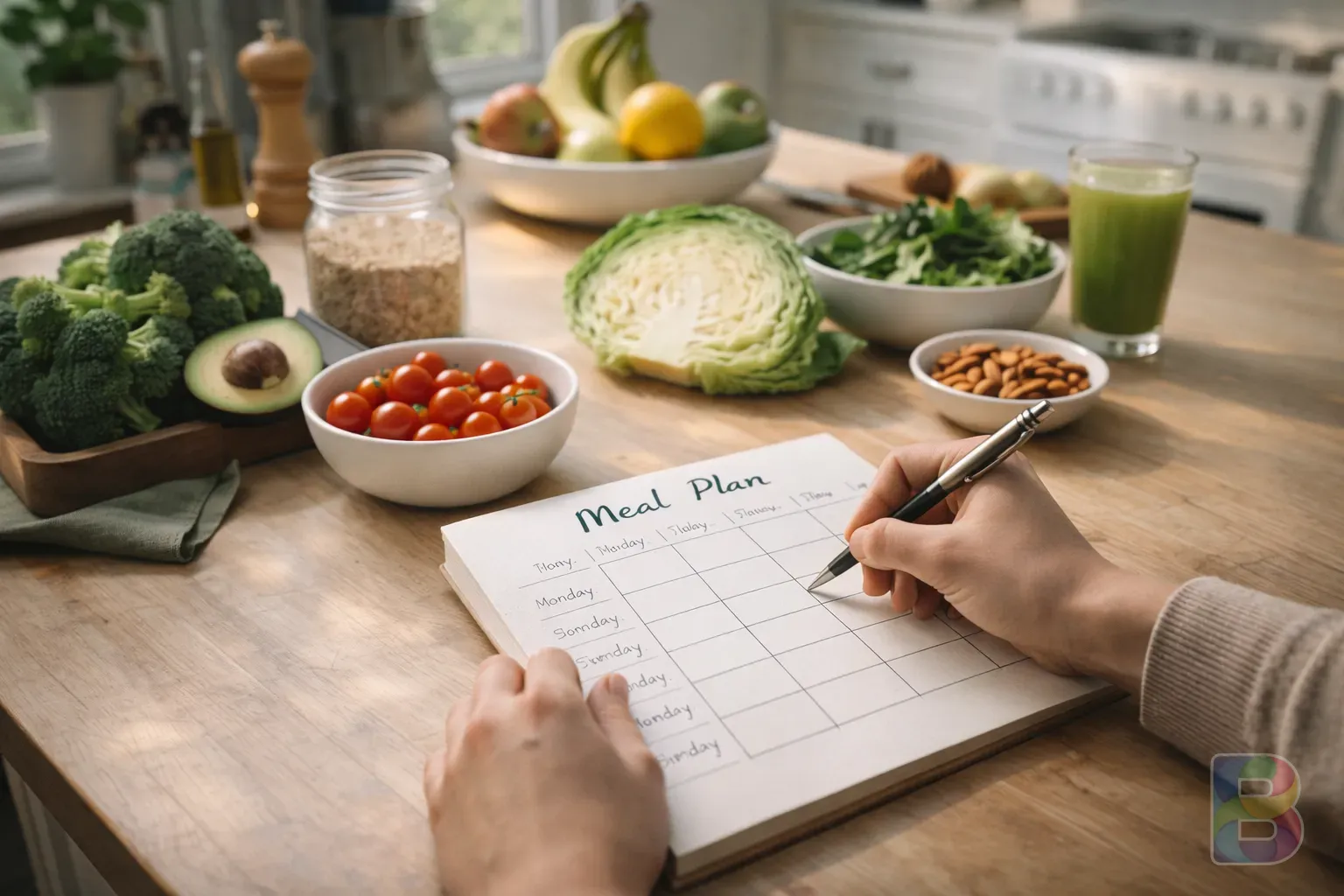 photorealistic, a person writing a meal plan in a bright kitchen, healthy ingredients on the table, organized and peaceful atmosphere