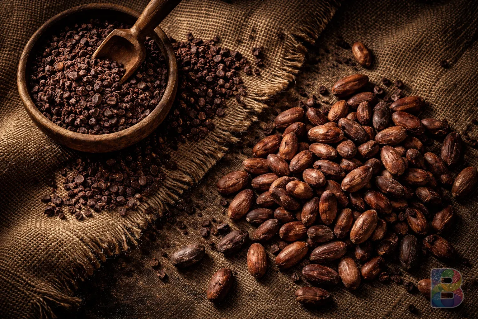photorealistic, overhead shot of raw cacao beans and crushed nibs on a burlap sack, warm earth tones, high detail texture, cinematic lighting