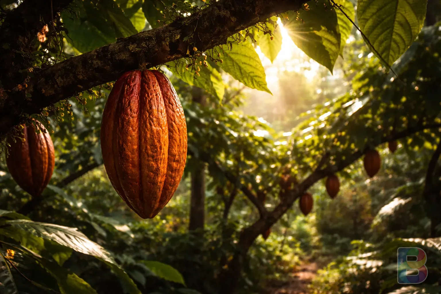 photorealistic, majestic cacao trees in a Peruvian tropical forest, sun rays filtering through large green leaves, close-up of a ripe cacao pod hanging from a branch, vibrant natural colors, cinematic lighting