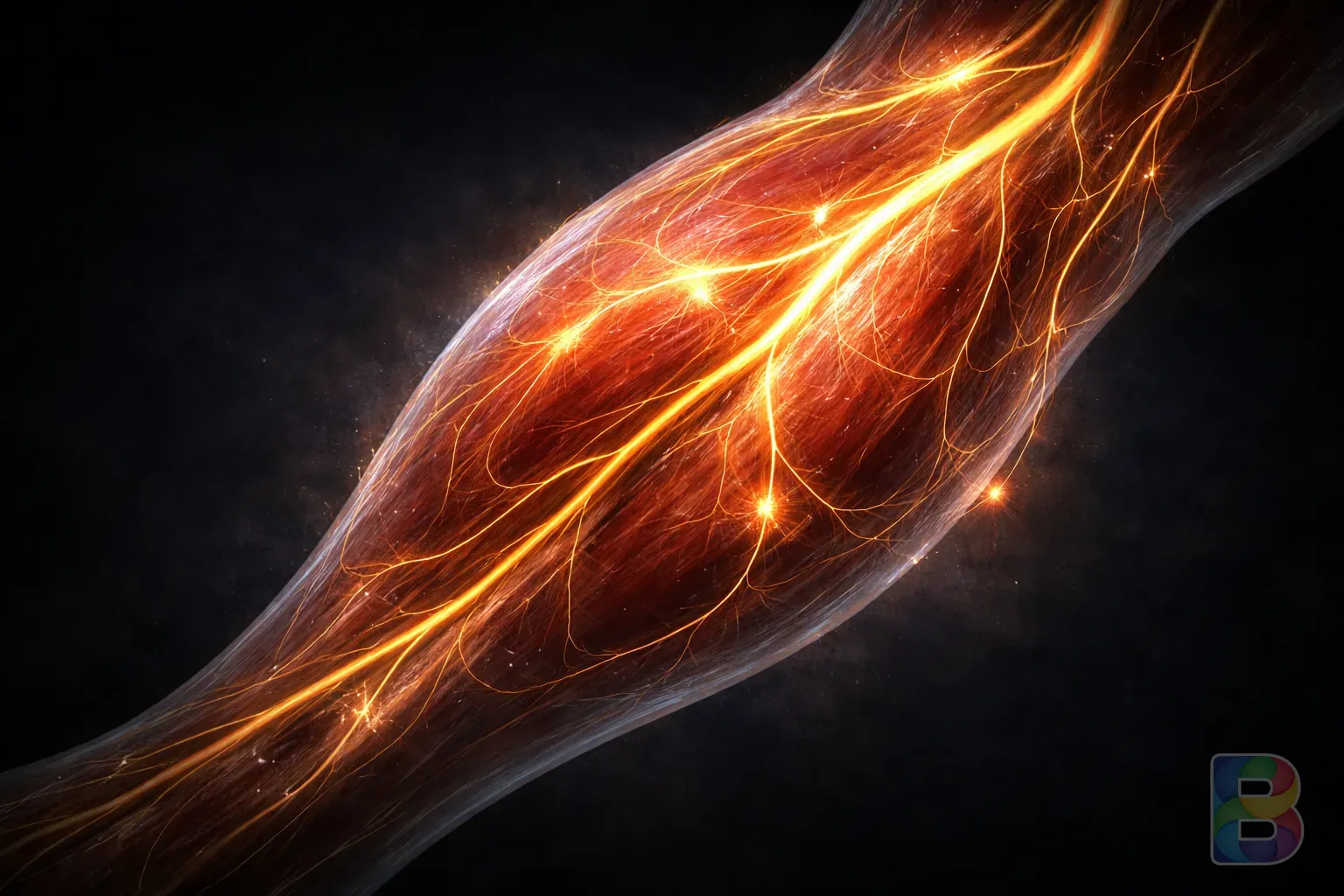 photorealistic, anatomical visualization of a calf muscle with glowing nerve signals showing tension, dark background, medical illustration style, high detail