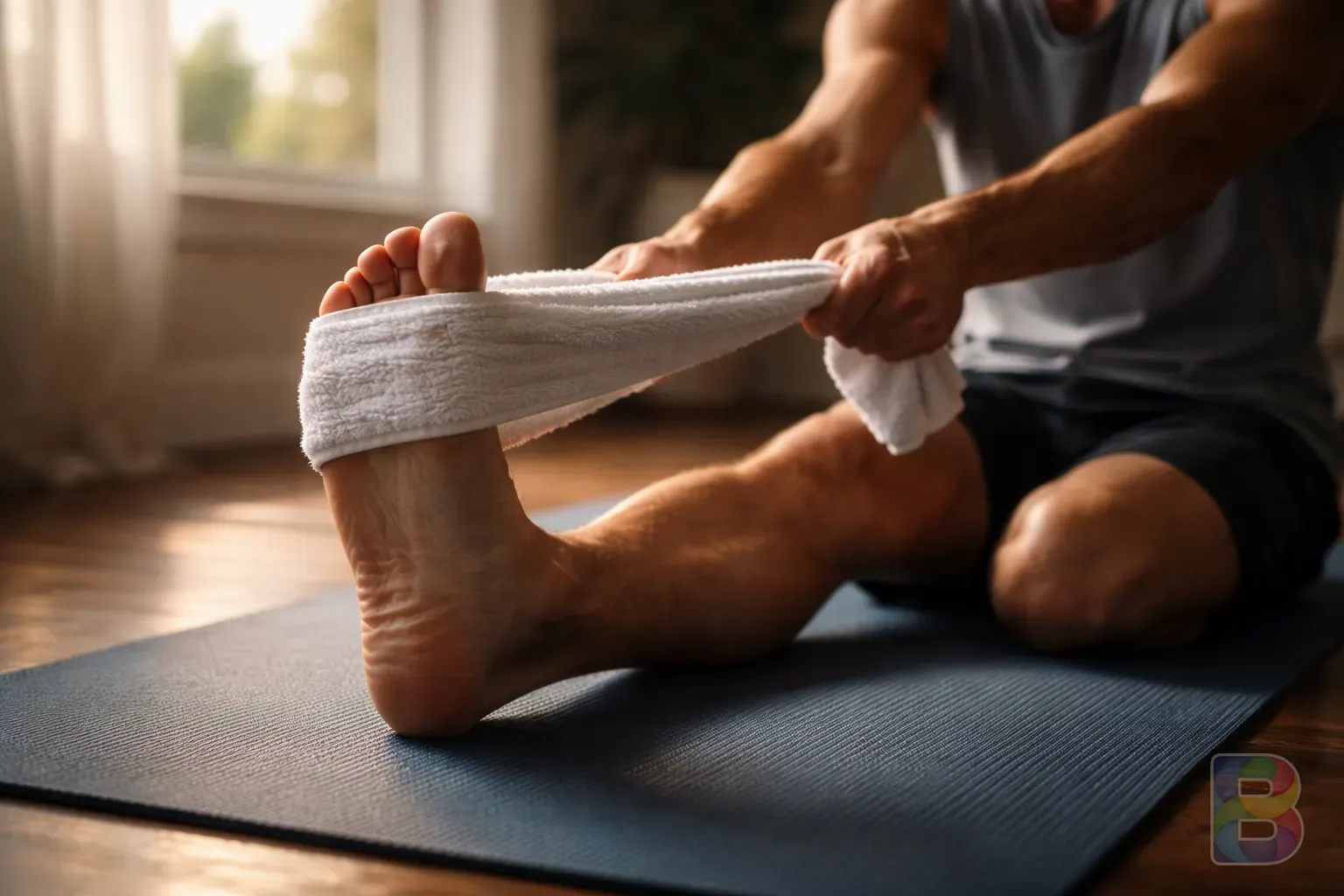 photorealistic, detail shot of a person sitting on a yoga mat performing a calf stretch with a towel, soft morning light, cinematic lighting, focus on the leg extension